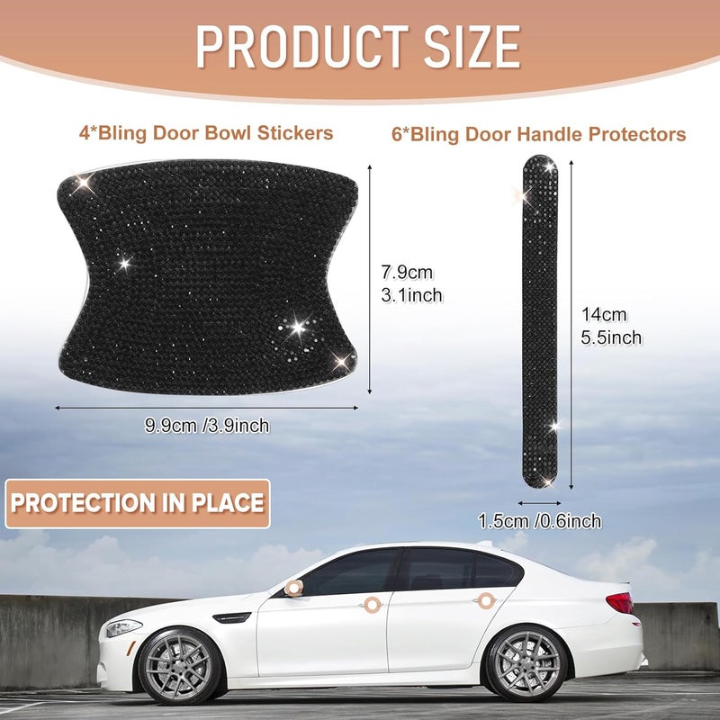 Mosso 10 PCS Bling Car Door Handle Protector, Shiny Crystal Rhinestone Anti-Scratch Universal Cars Door Handle Protective Cover, Glitter Automotive Exterior Accessories for Women (Black) - Image 2